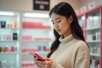 Jeune femme vérifiant la disponibilité des produits Ulta sur son smartphone en magasin