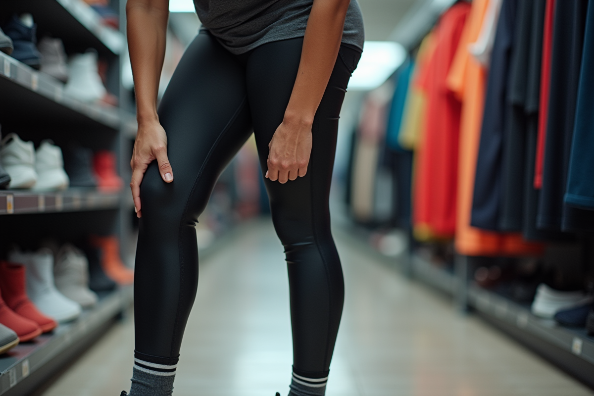 Femme en magasin de sport touchant ses jambes