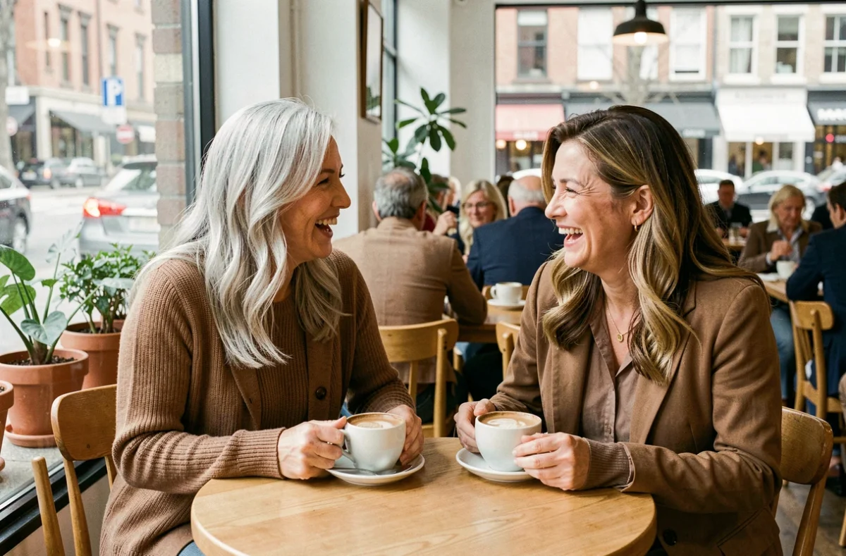 Deux femmes aux cheveux gris et blancs naturellement fondus dans leur couleur de base discutant dans un café parisien contemporain