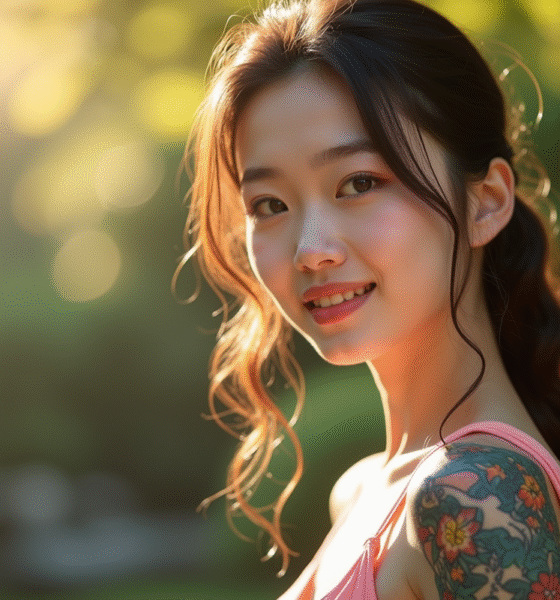 Jeune femme avec tatouage japonais coloré dans un jardin