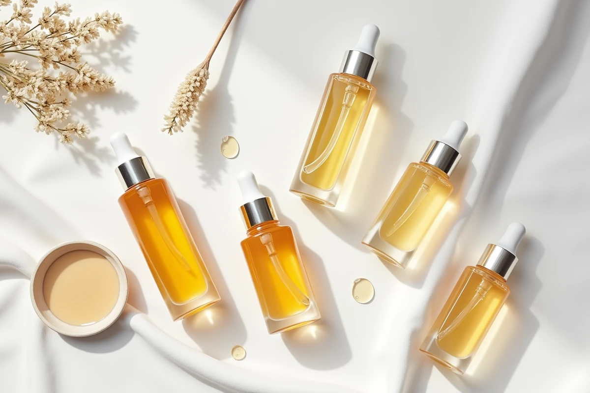 Plusieurs flacons d'essences cosmétiques aux textures variées disposés sur du lin blanc avec des détails de gouttes de produit