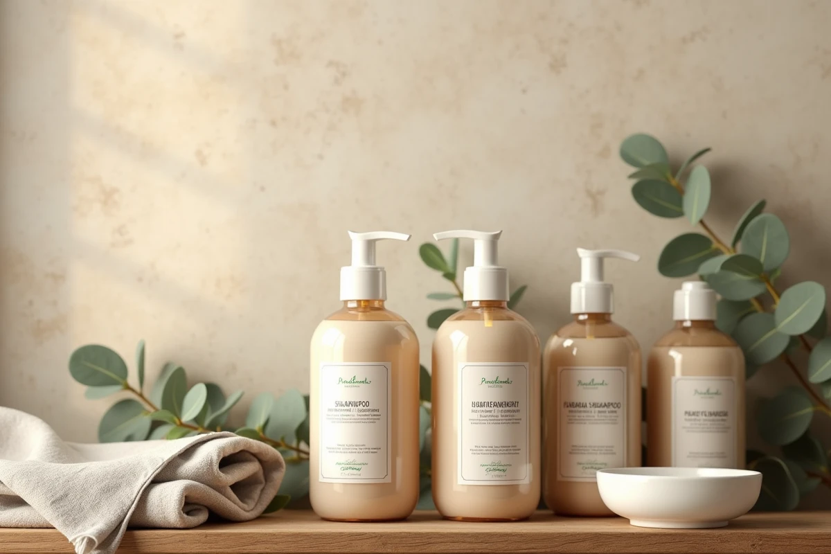 Flacons de shampoing naturel sans sulfate sans silicone alignés sur une étagère en bois avec étiquettes lisibles