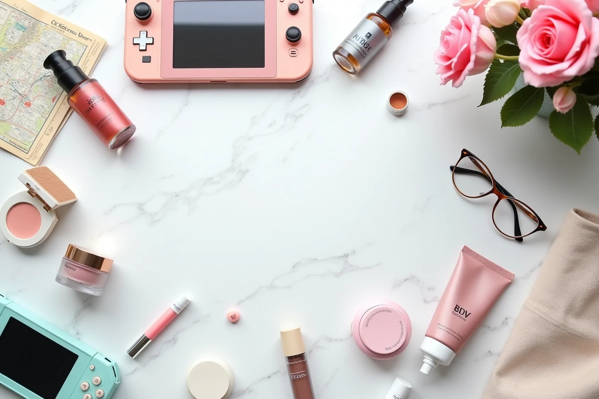 Flat lay esthétique mêlant produits de beauté, console de jeu et accessoires de voyage sur marbre blanc