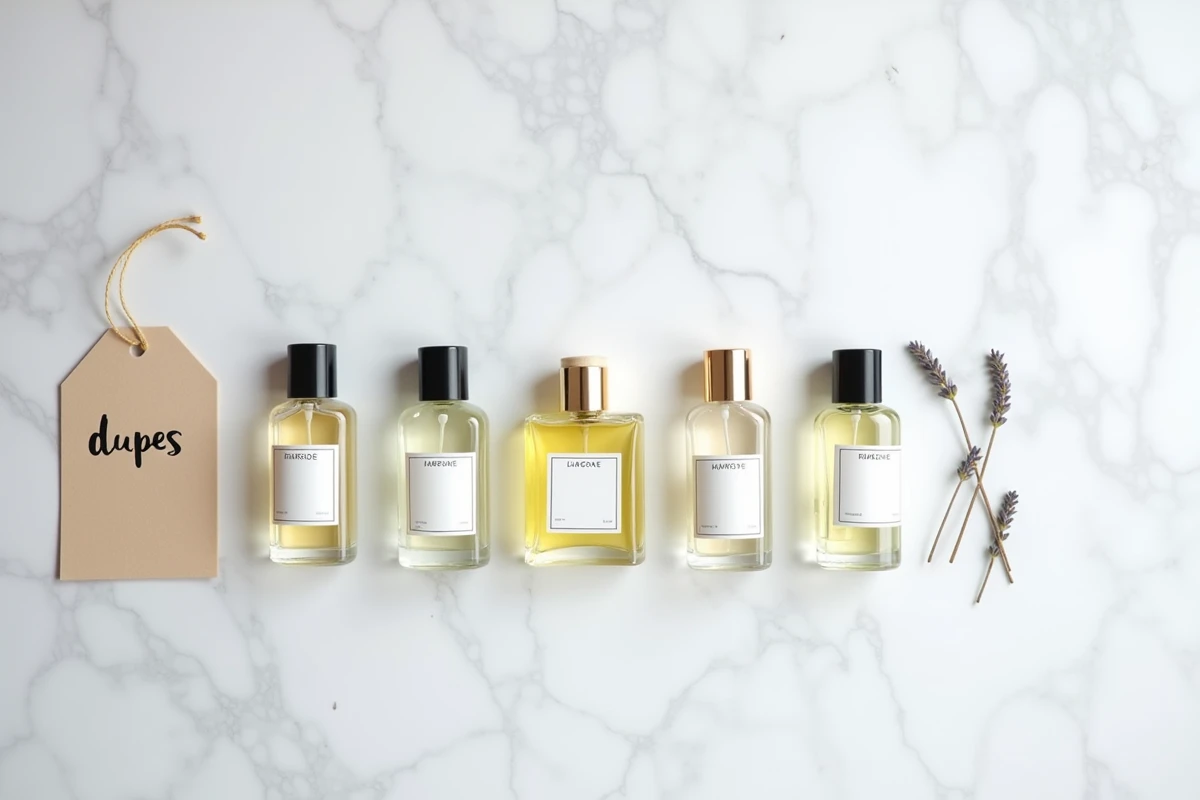Flatlay de flacons de parfums dupe Lidl sur marbre avec note manuscrite