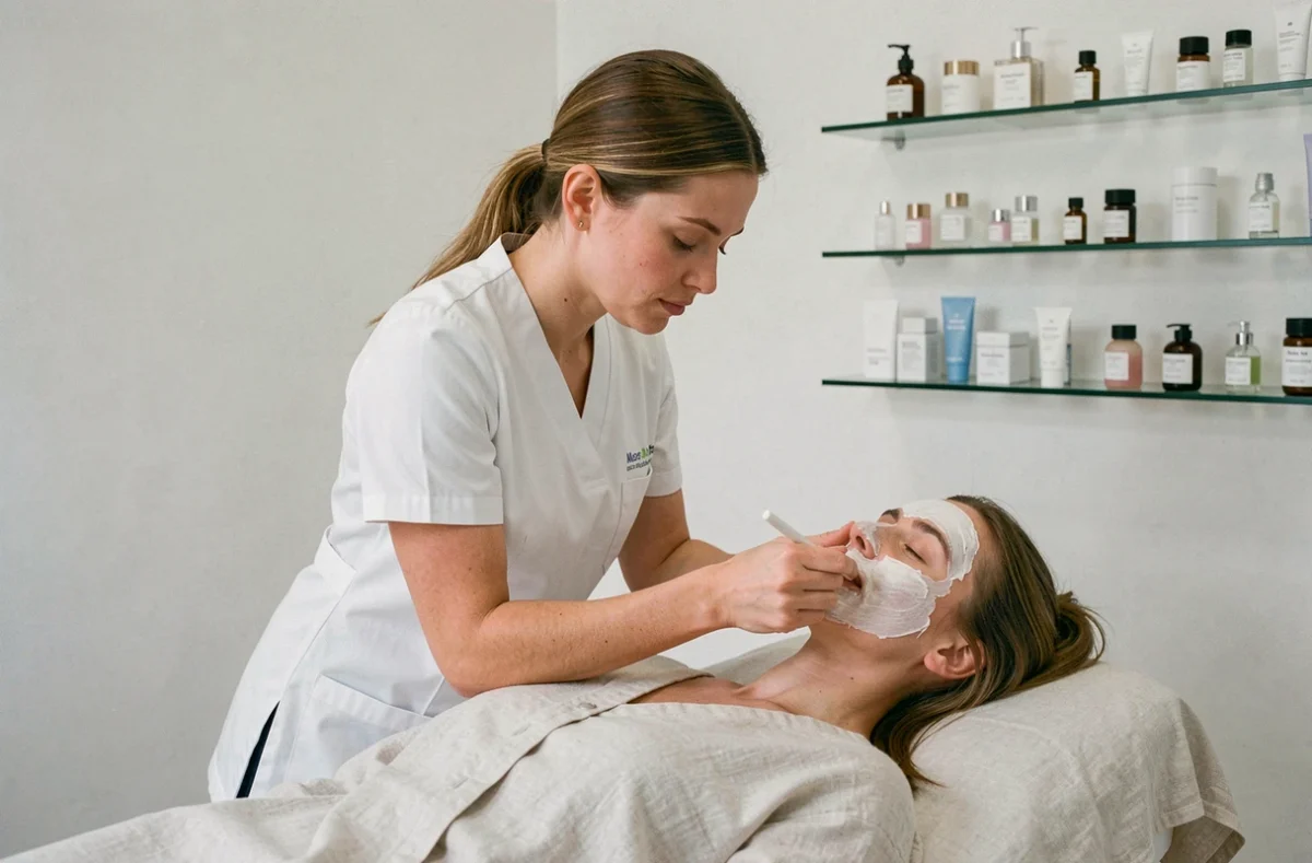 Esthéticienne appliquant un masque facial sur une cliente dans l'institut Fontaine des Sens à Dijon
