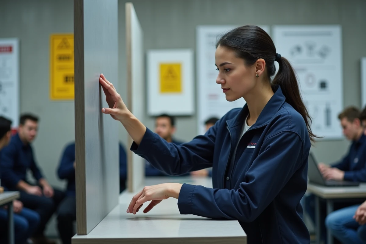 Formatrice démontrant les gestes de pinçage sécuritaires sur un panneau composite lors d'une session de formation professionnelle