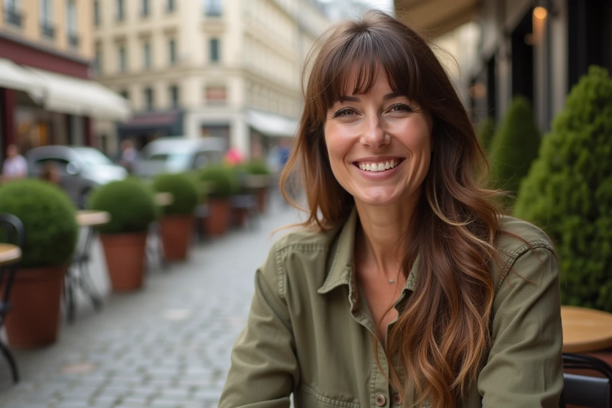 Femme aux cheveux longs fins ondulés avec frange droite assise en terrasse de café parisien