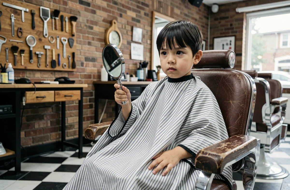 Garçon de 5 ans assis sur un rehausseur dans un salon de barbier, tenant un petit miroir avec une expression concentrée, portant une cape rayée devant un décor de briques apparentes