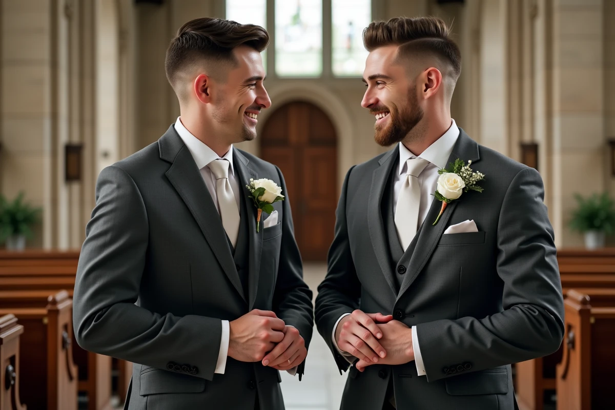 Deux garçons d'honneur avec des coupes taper impeccables en costume gris dans une chapelle de mariage