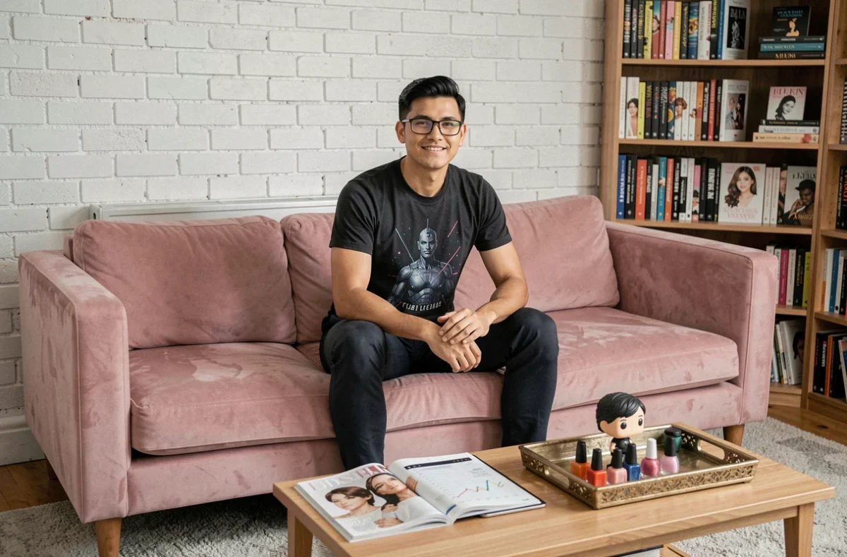 Homme geek passionné de beauté et pop culture analysant sa stratégie de contenu SEO pour blog avec magazines et produits cosmétiques