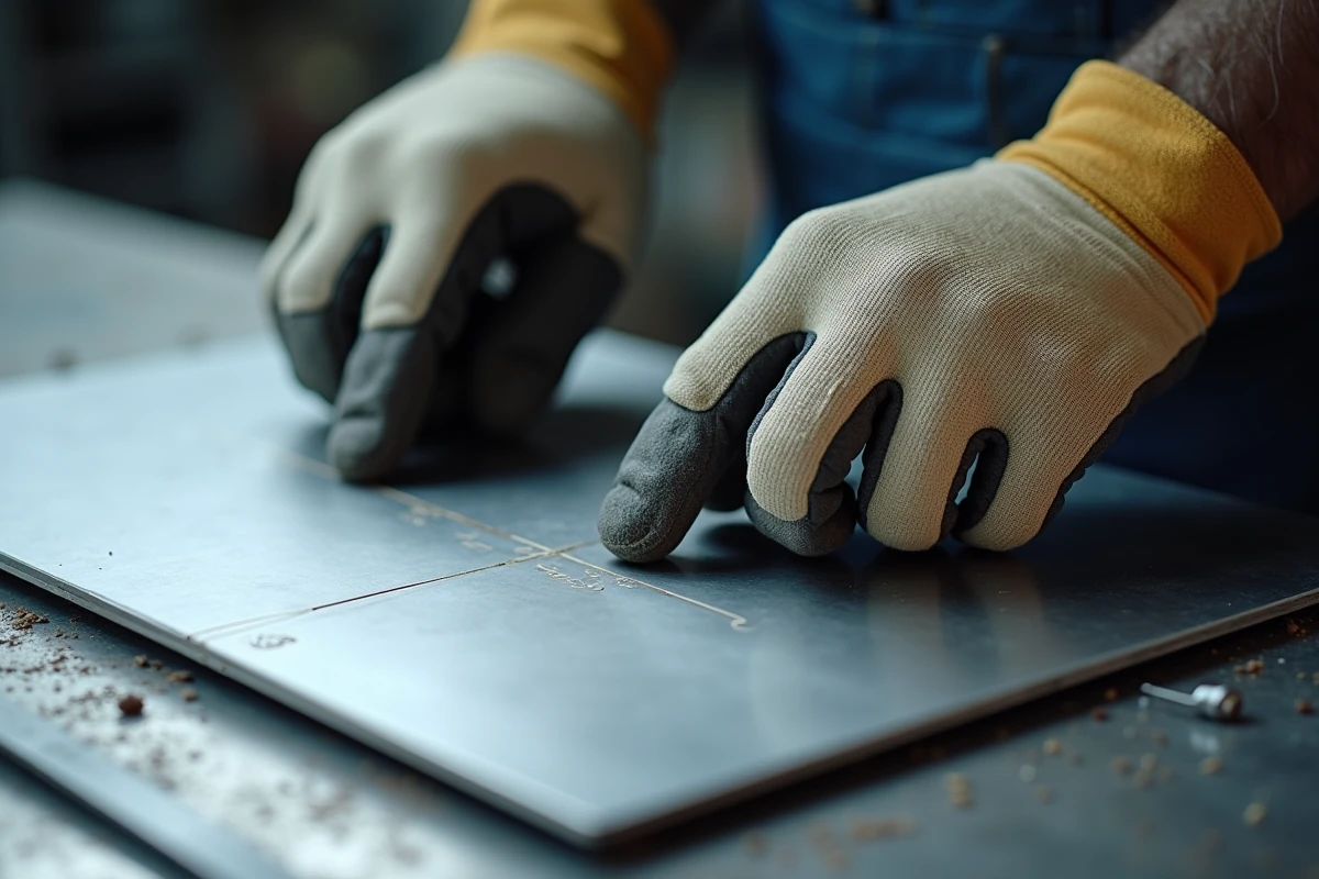 Gros plan sur des mains gantées exécutant un geste de pinçage contrôlé sur une feuille d'aluminium avec une prise sécuritaire