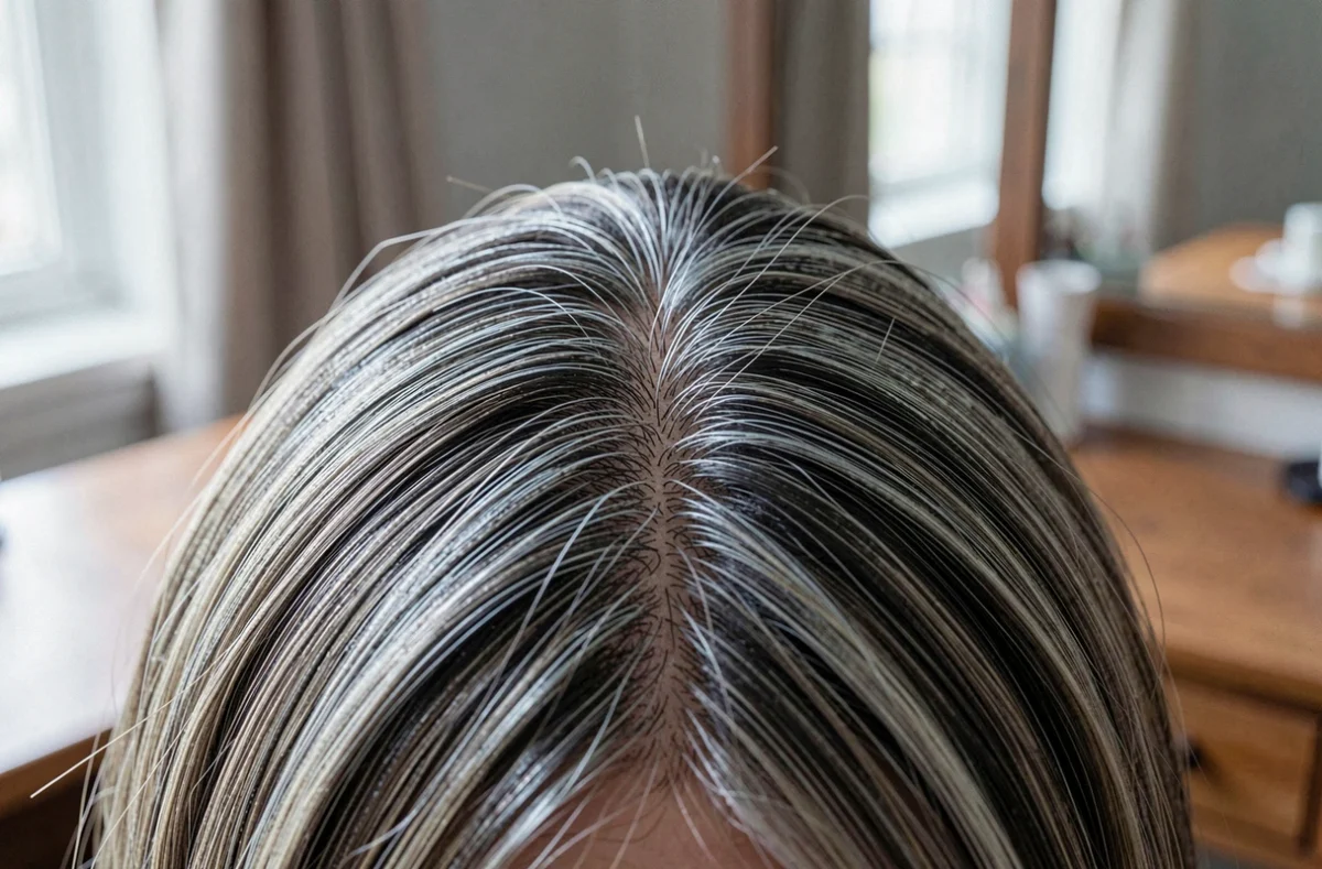 Gros plan sur la raie des cheveux d'une femme montrant une transition parfaite entre racines blanches et couleur sans démarcation visible