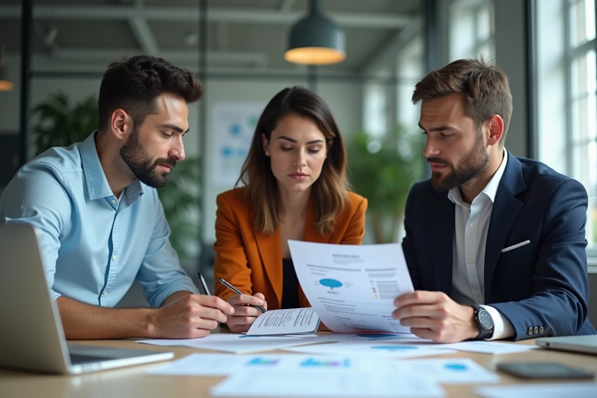 Groupe de trois personnes analysant des avis en réunion