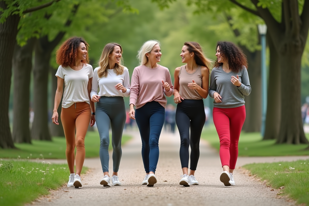 Femmes diverses en leggings colorés marchant dans un parc urbain