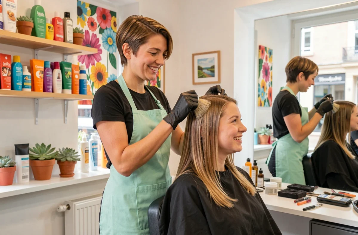 Coiffeuse appliquant une coloration dans le salon Hem et Vous à Strasbourg avec une atmosphère chaleureuse