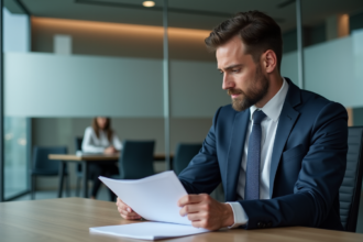 Homme d'affaires en costume navy examine un dossier