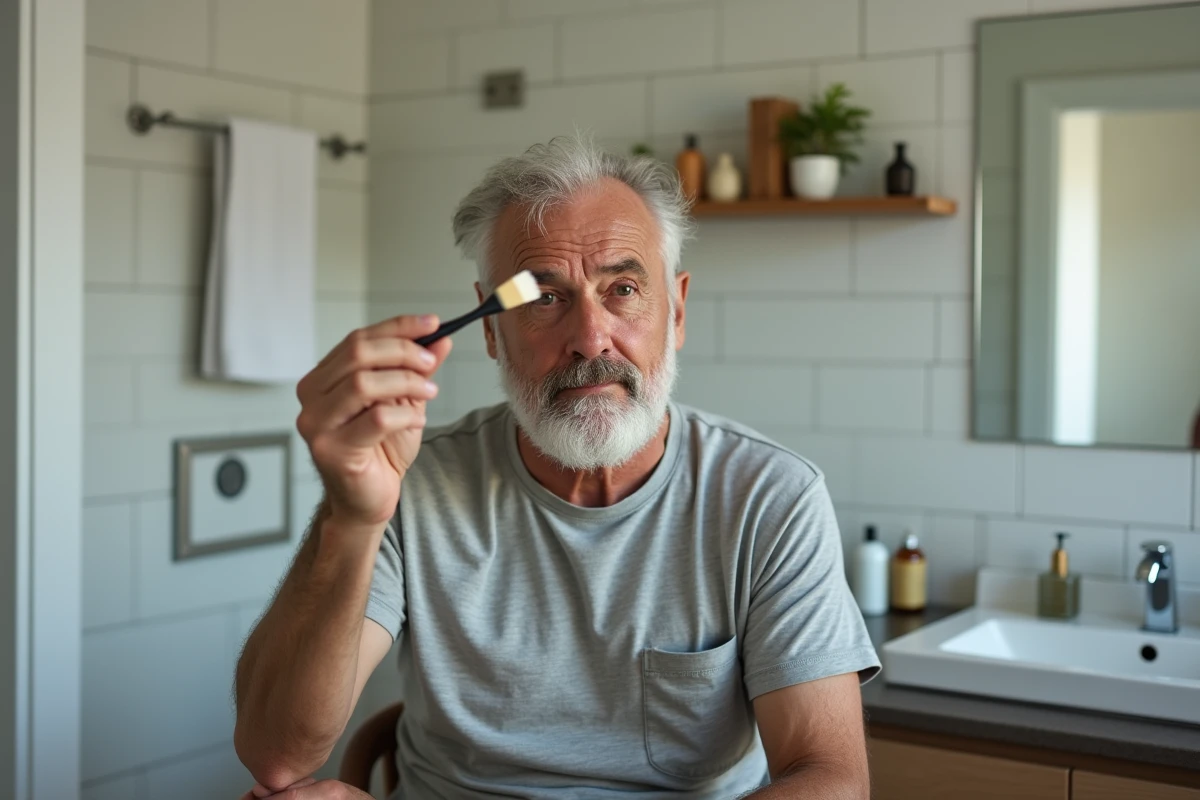 Homme dans la cinquantaine appliquant une teinture sur ses tempes blanches devant un miroir de salle de bain, processus de coloration cheveux à domicile