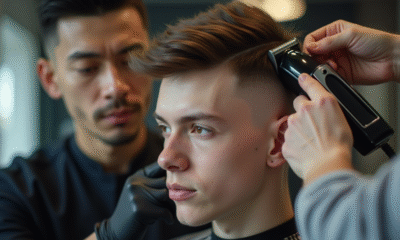 Jeune homme en salon de coiffure avec coupe fade précise