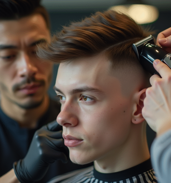 Jeune homme en salon de coiffure avec coupe fade précise