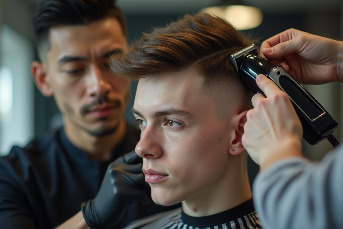 Jeune homme en salon de coiffure avec coupe fade précise