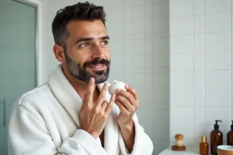Homme appliquant un baume après-rasage apaisant dans une salle de bain moderne, coffret rasage homme avec ingrédients naturels pour réduire les rougeurs