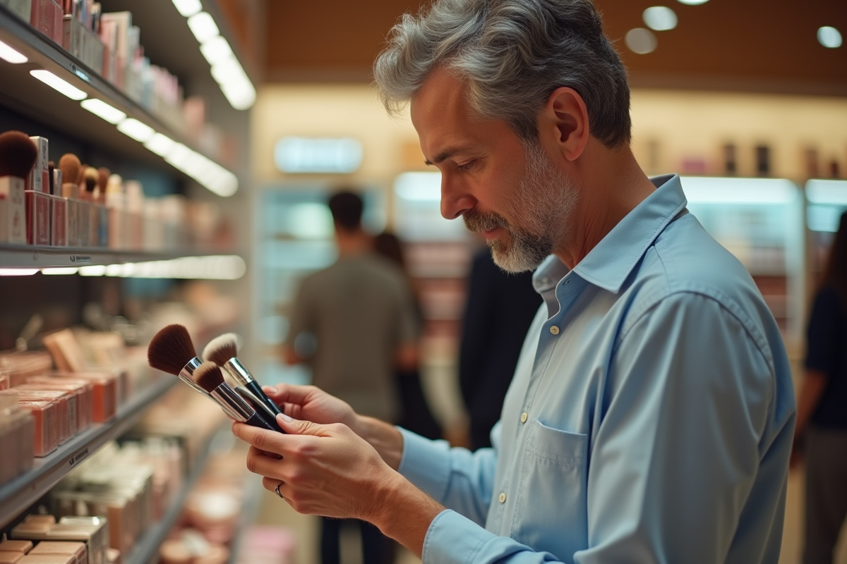 Homme examinant des pinceaux de maquillage dans un magasin de beauté