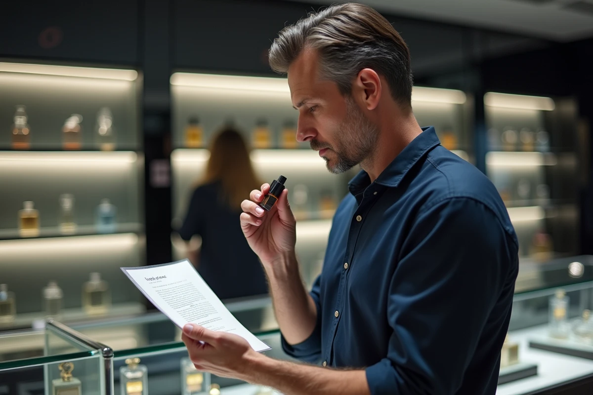 Homme en boutique de parfums tenant un flacon Kalista et lisant un avis client imprimé avec une expression réfléchie