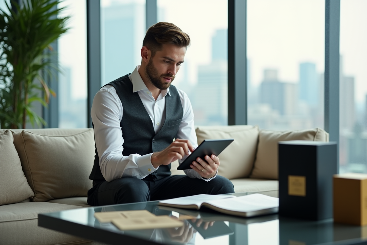 Jeune homme professionnel consultant un rapport sur une tablette dans un bureau