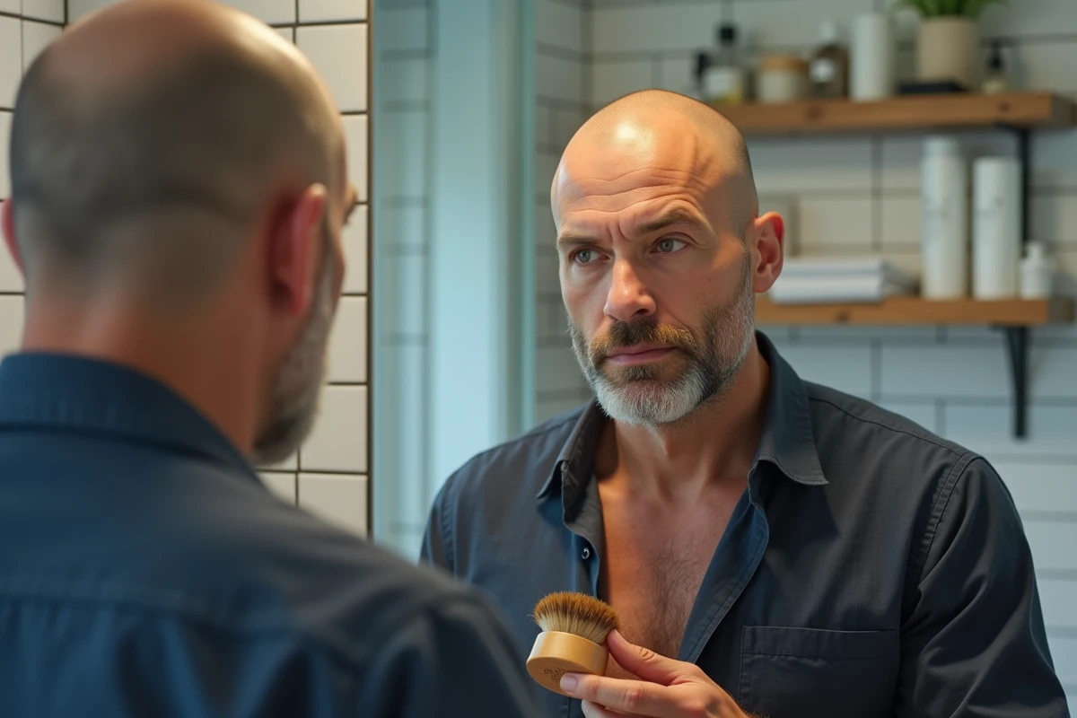 Homme chauve dans la quarantaine tenant une brosse de crâne en bois dans une salle de bain moderne