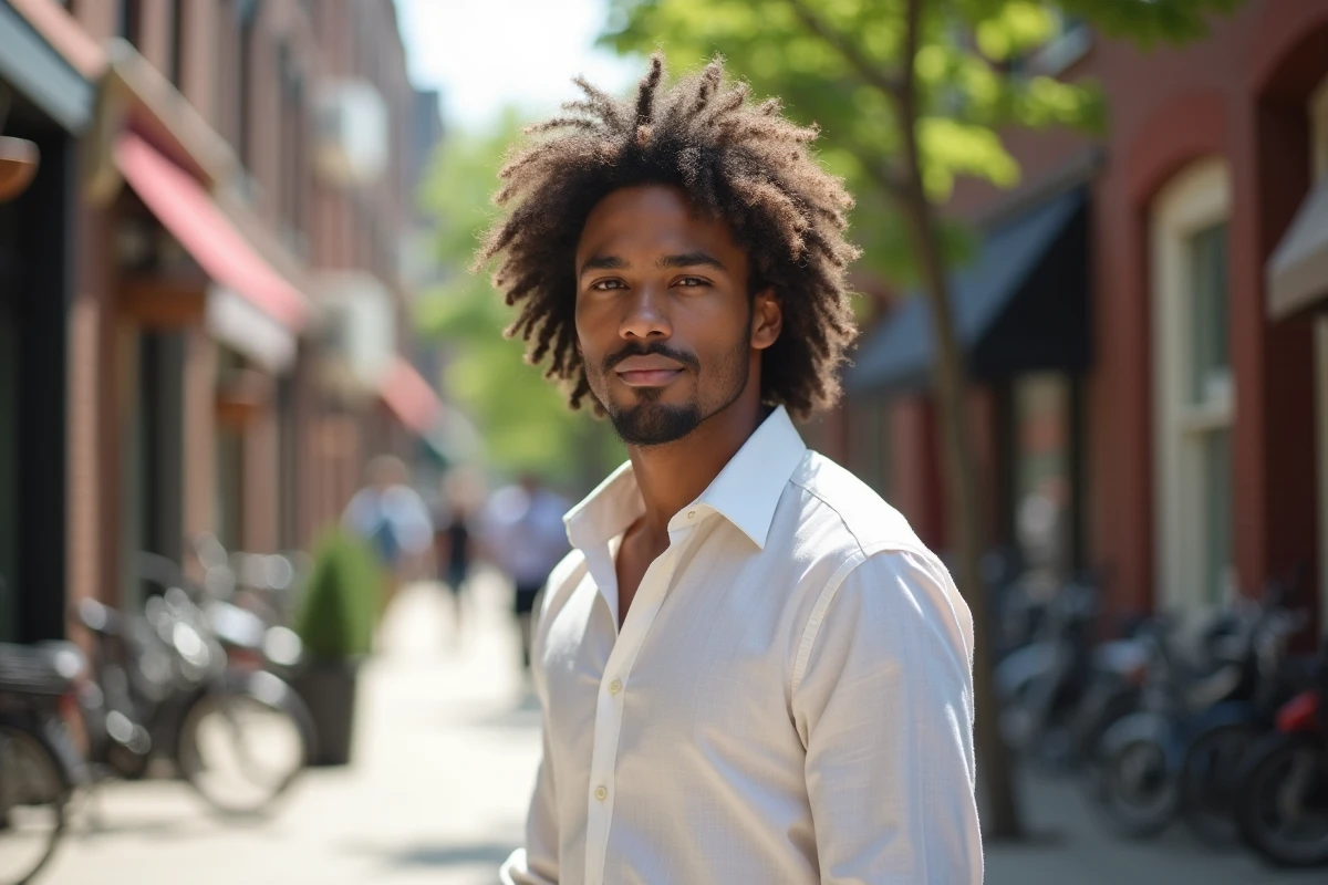 Homme jeune aux cheveux bouclés épais avec dégradé bas long en milieu urbain