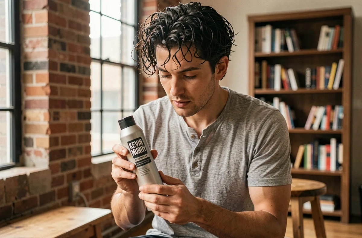 Homme aux cheveux bouclés tenant un flacon de shampoing Kevin Murphy dans un appartement loft urbain