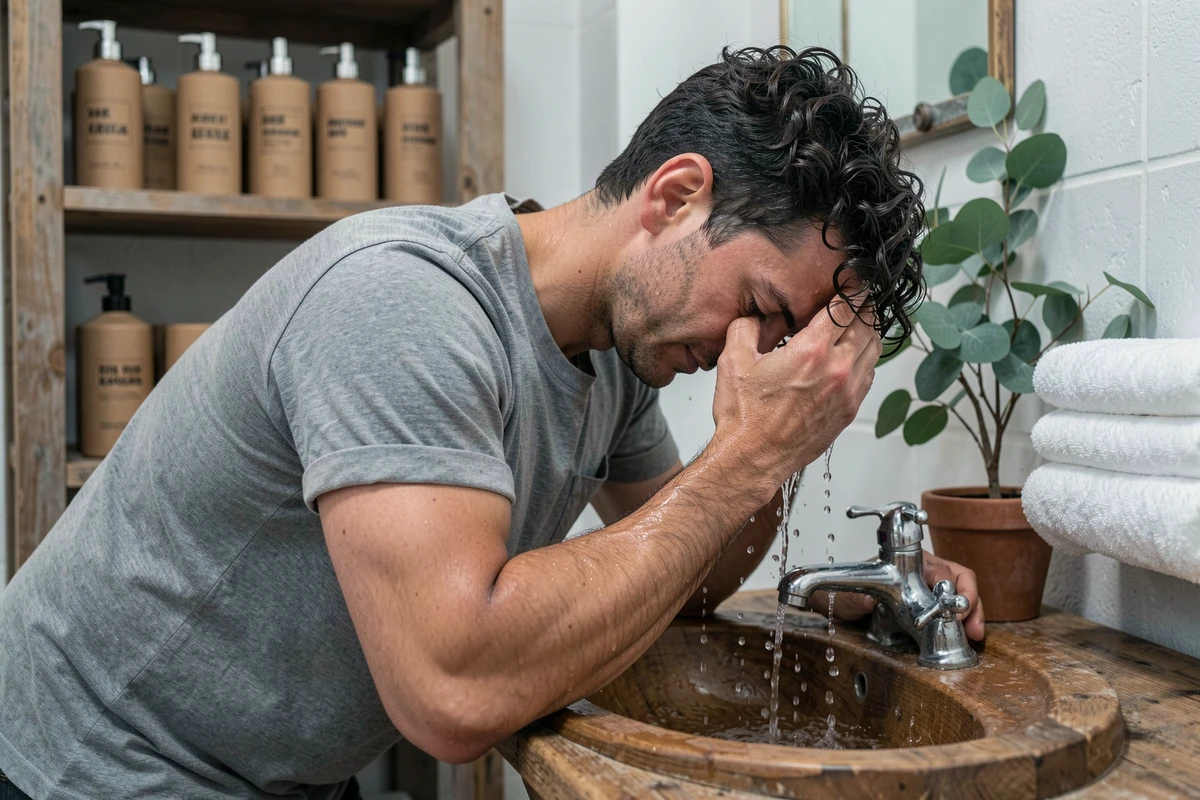 Homme aux cheveux bouclés naturels se rinçant les cheveux avec un shampoing sans sulfate dans une salle de bain style naturel