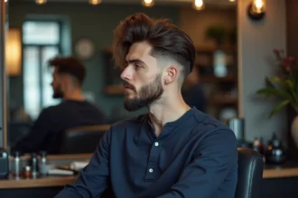 Homme aux cheveux épais avec une coupe longue dégradée bas en salon de coiffure
