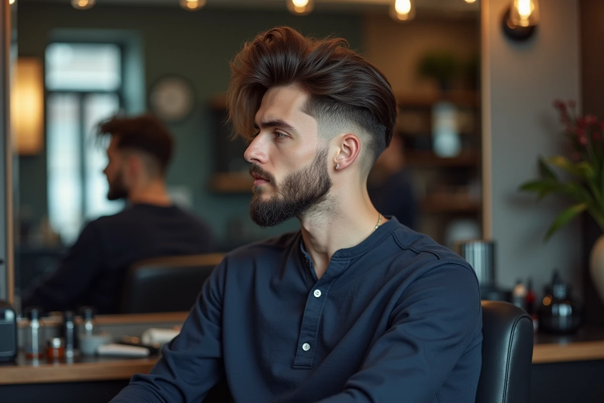 Homme aux cheveux épais avec une coupe longue dégradée bas en salon de coiffure