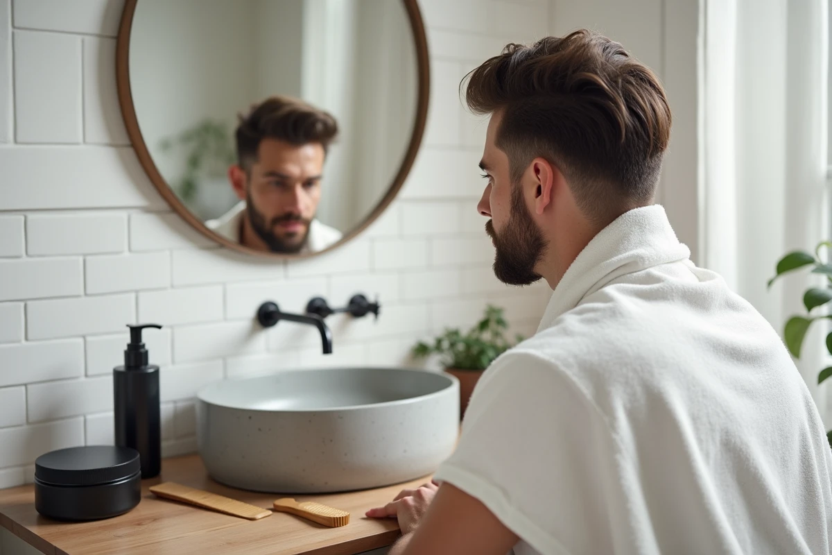 Homme aux cheveux fins mi-longs coiffés après une coupe taper devant un miroir dans une salle de bain scandinave
