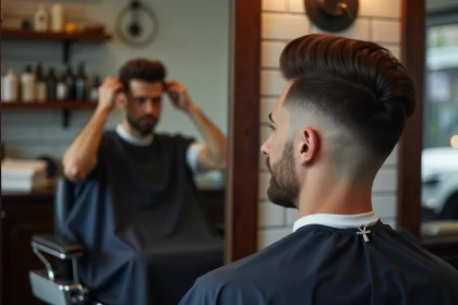 Homme aux cheveux fins mi-longs avec taper fade assis dans un fauteuil de barbier, style urbain moderne