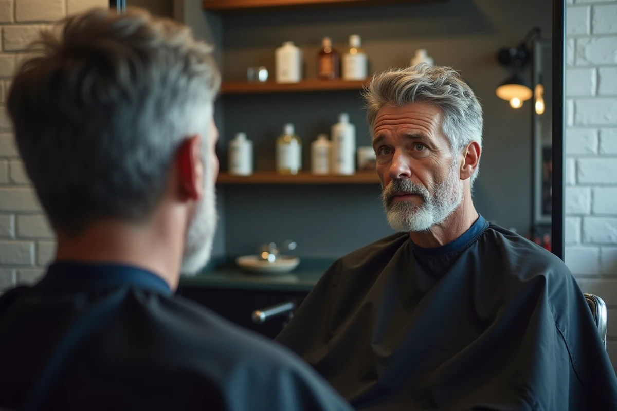 Homme aux cheveux poivre et sel assis dans un fauteuil de barbier moderne se regardant dans un miroir, illustrant la question de la teinture pour cheveux blancs