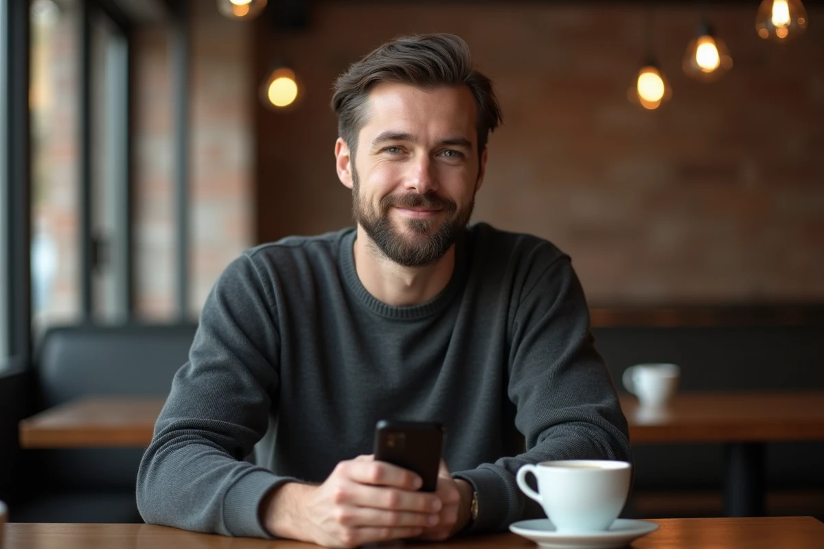 Homme aux cheveux raides et épais avec coupe longue dégradée bas dans un café