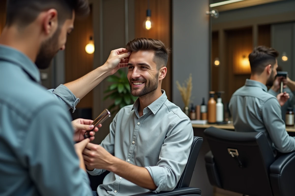 Jeune homme en salon de coiffure avec miroir et stylistes