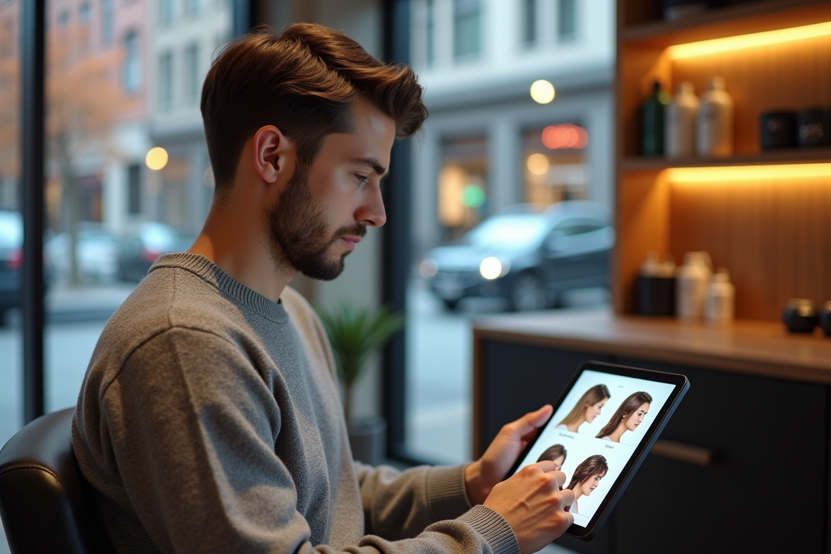 Jeune homme dans un salon de coiffure regardant sa tablette