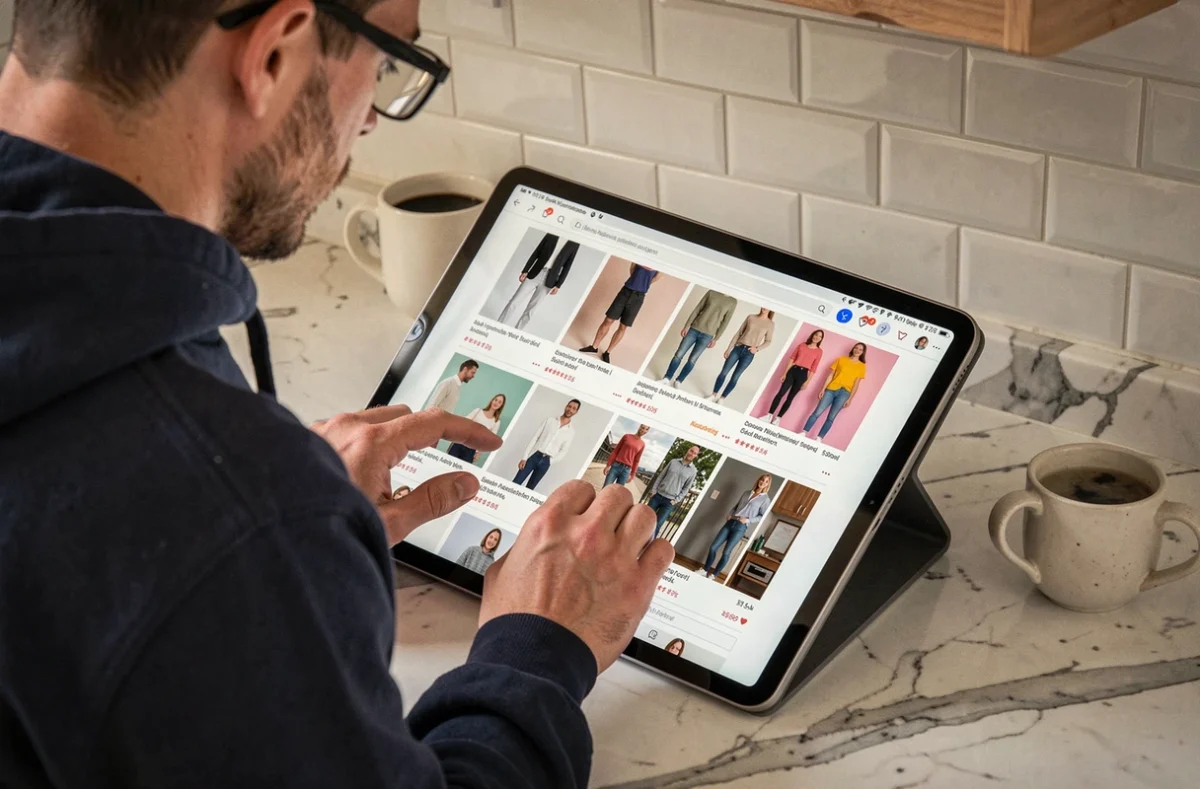 Homme comparant des alternatives à Yesstyle sur une tablette dans une cuisine moderne, à la recherche de produits similaires disponibles en stock