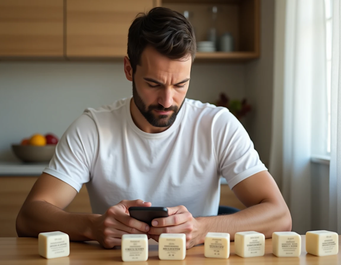 Homme comparant les étiquettes de savons Comme Avant avec les notes de l'application Yuka sur une table de cuisine