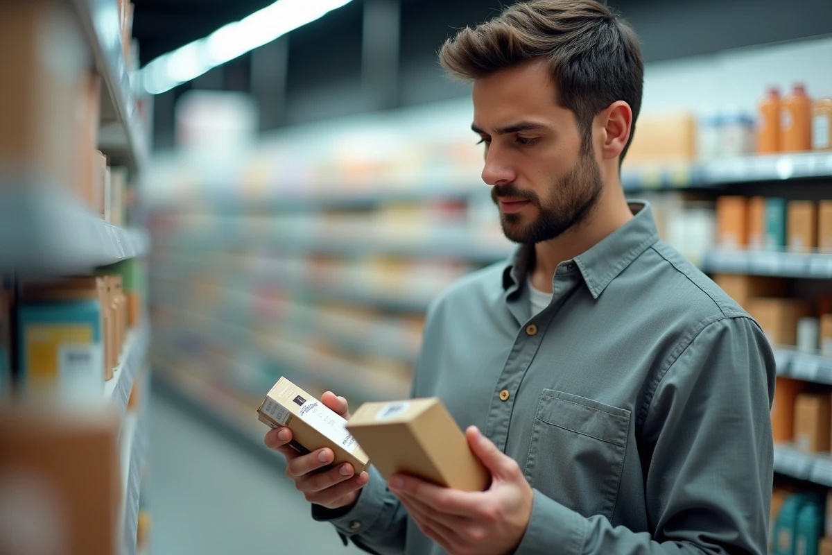 Homme comparant deux parfums dupe dans un rayon de supermarché discount