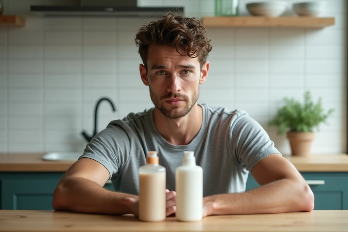 Homme comparant deux shampoings sans paraben et sans silicone assis à une table en bois dans une cuisine moderne