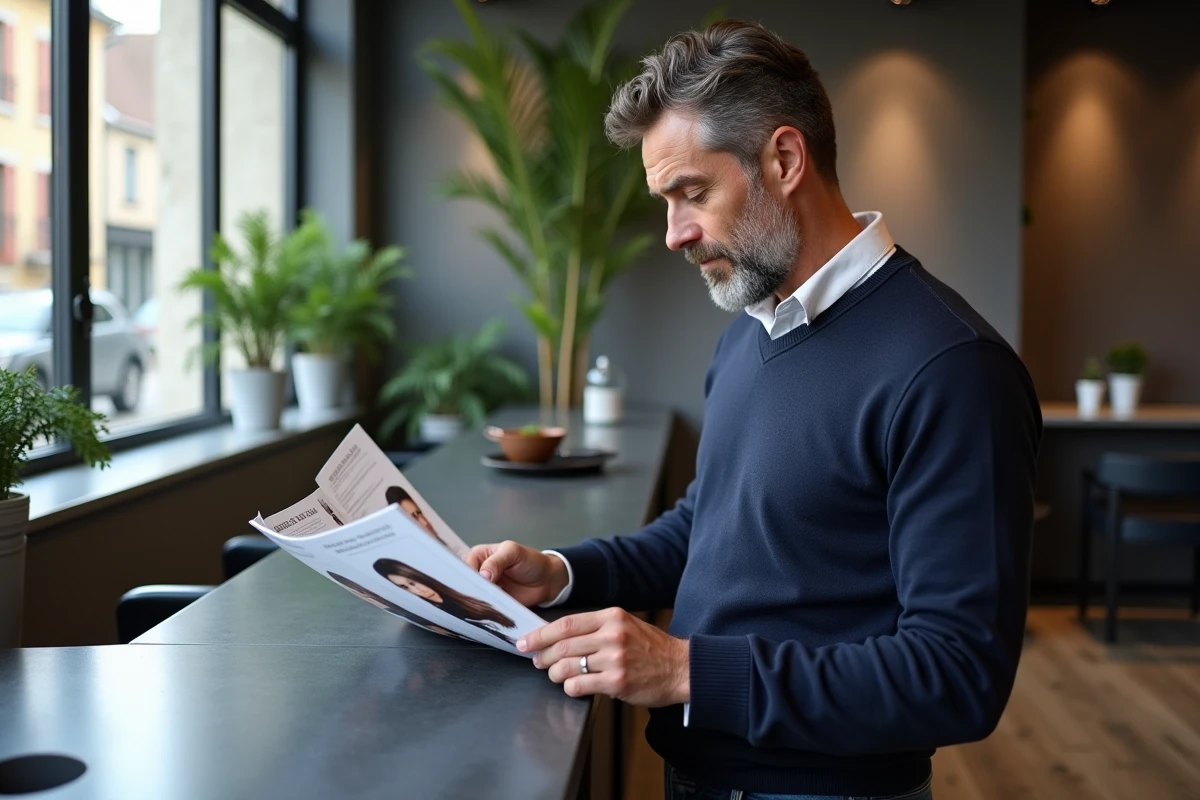 Homme regardant un catalogue de coiffures à la reception