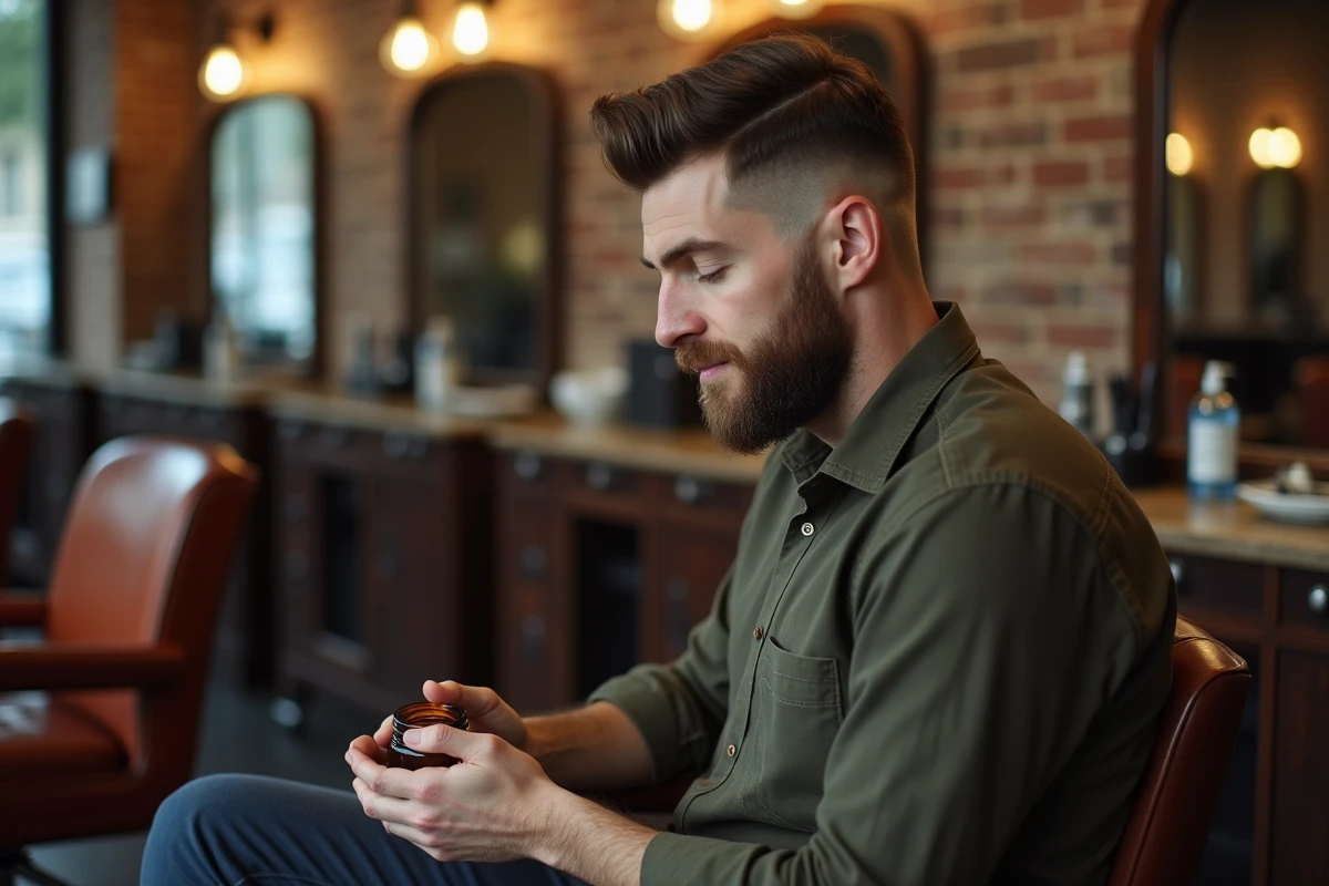 Homme avec coupe Cuenta appliquant un baume coiffant dans un salon de coiffure moderne