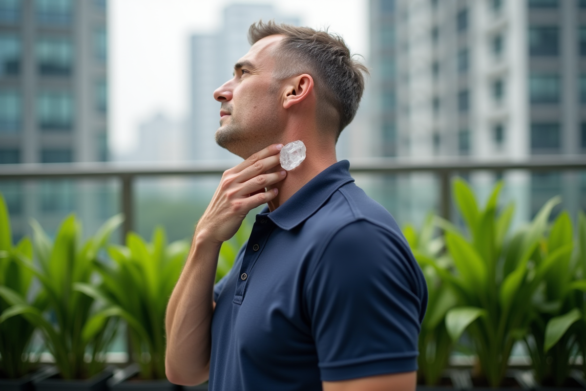 Homme pressant glace sur le cou en extérieur urbain