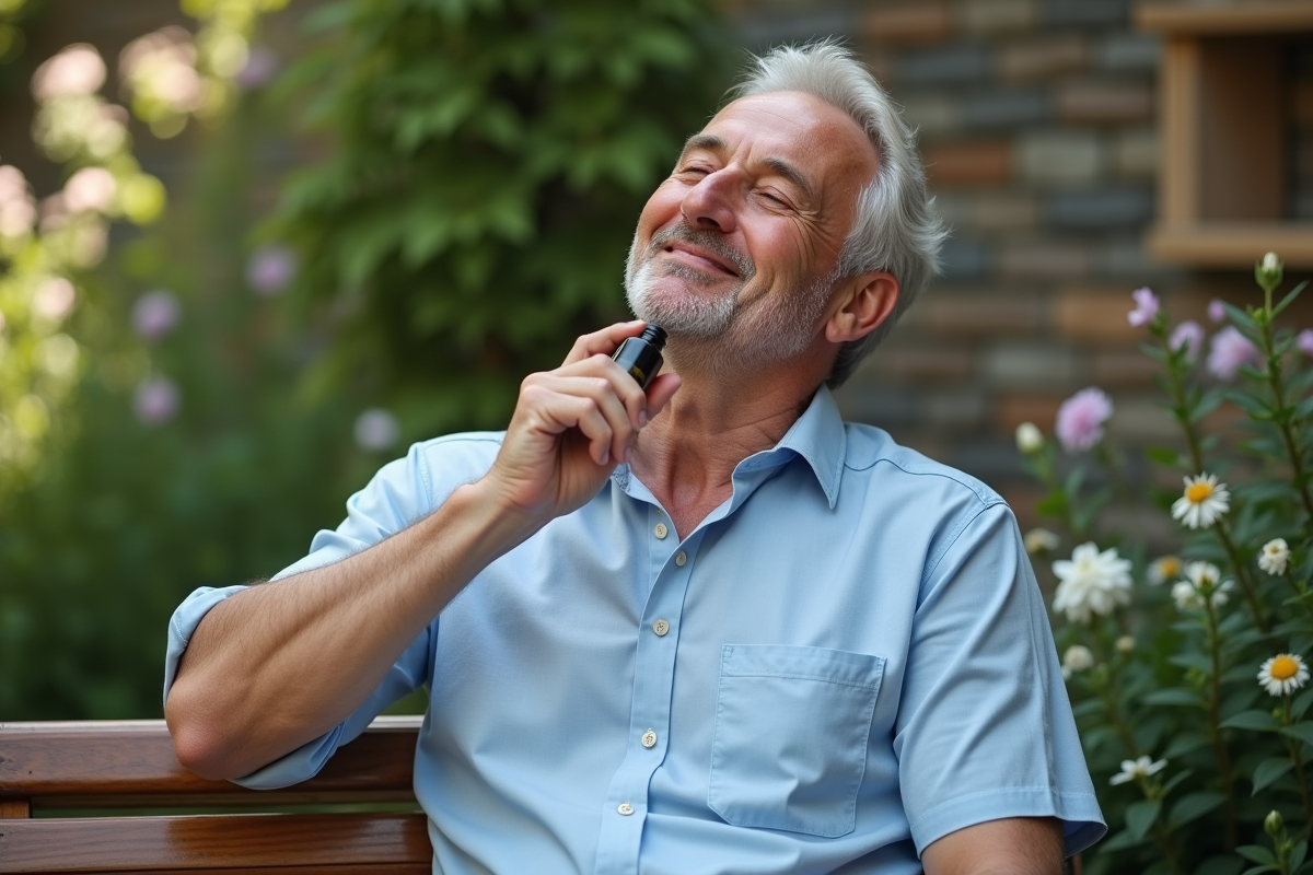 Homme appliquant une huile essentielle dans un jardin calme
