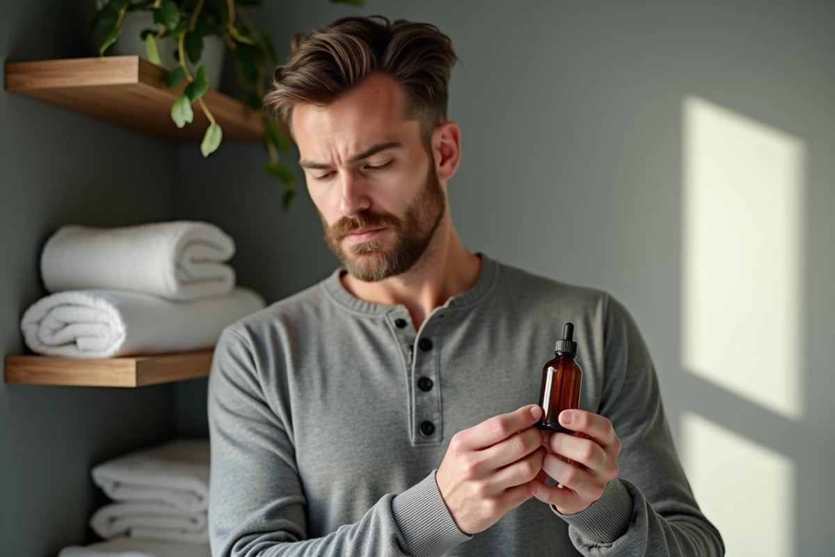 Homme lisant les ingrédients d'un produit de rasage pour peaux sensibles, soin rasage naturel pour limiter les rougeurs et irritations