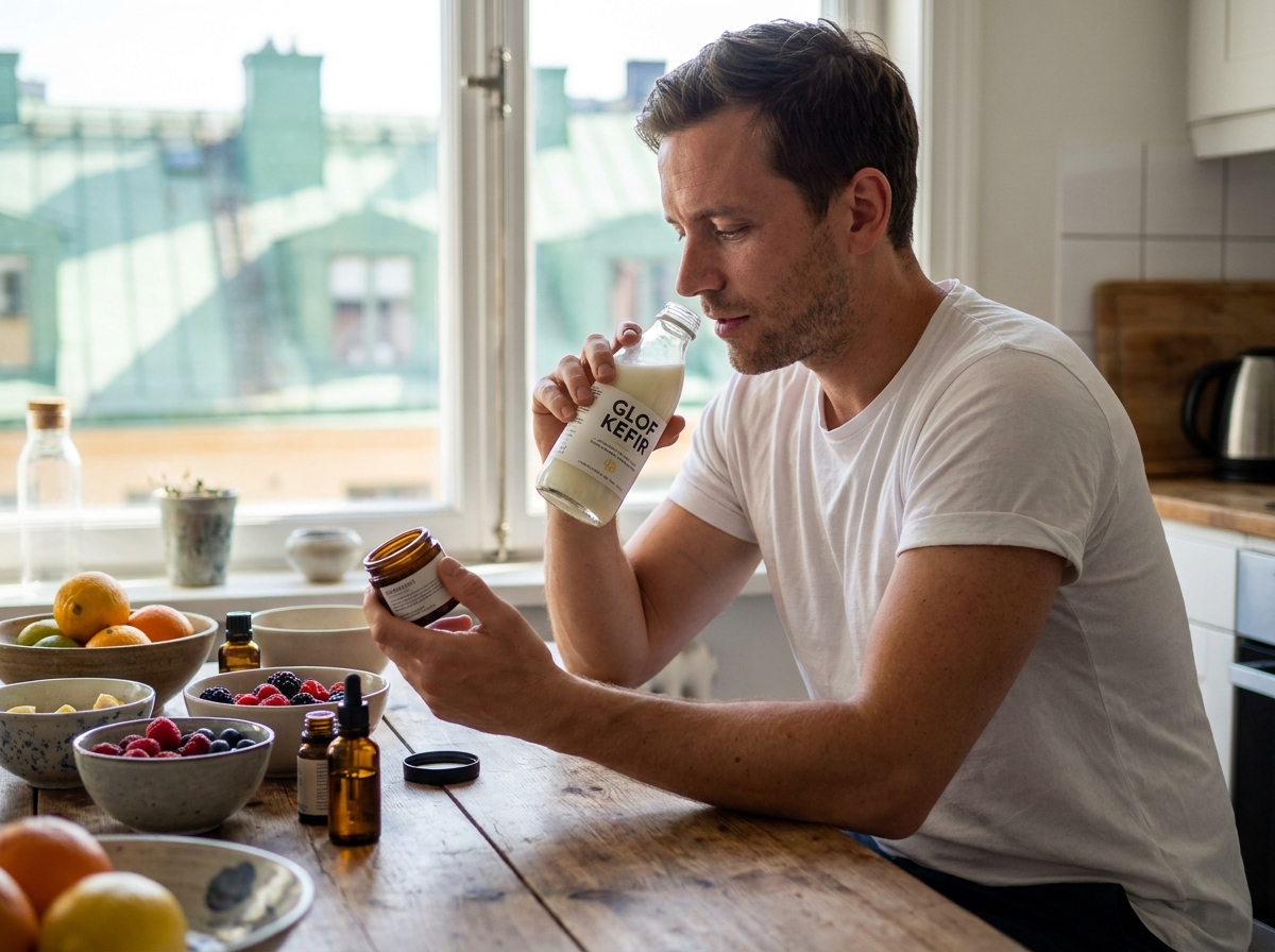 Homme lisant une etiquette de soin avec un kefir et fruits